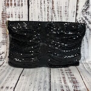 Vtg Whiting and Davis Black Metal Mesh Clutch Purse Swooshy Evening Flapper USA